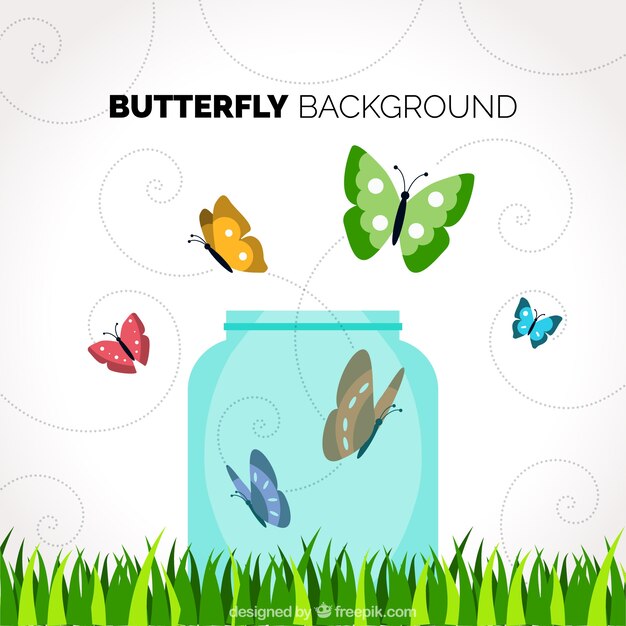 Free vector background with glass jar and colored butterflies