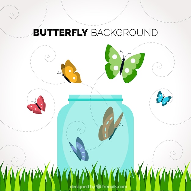 Background with glass jar and colored butterflies