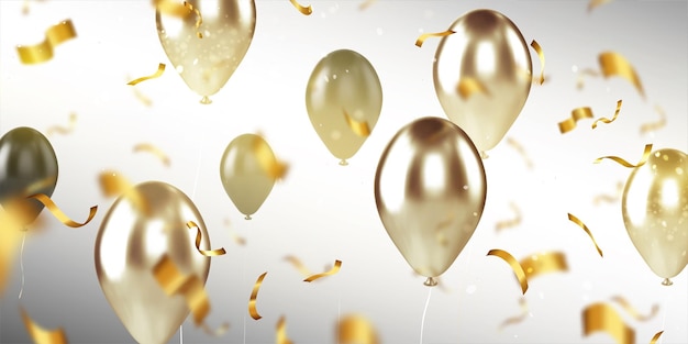 Sfondo con palloncini d'oro e coriandoli, festa di compleanno o anniversario, palloncini di alluminio su sfondo sfocato. modello per invito, design dello sfondo illustrazione vettoriale 3d realistica