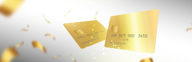 금색 신용 카드와 색종이 조각이 디포커스된 배경에서 날아가는 배경. 골든 Vip 은행 고객 금융 서비스, 축하, 비즈니스 프레젠테이션, 광고 현실적인 3d 벡터 템플릿 디자인