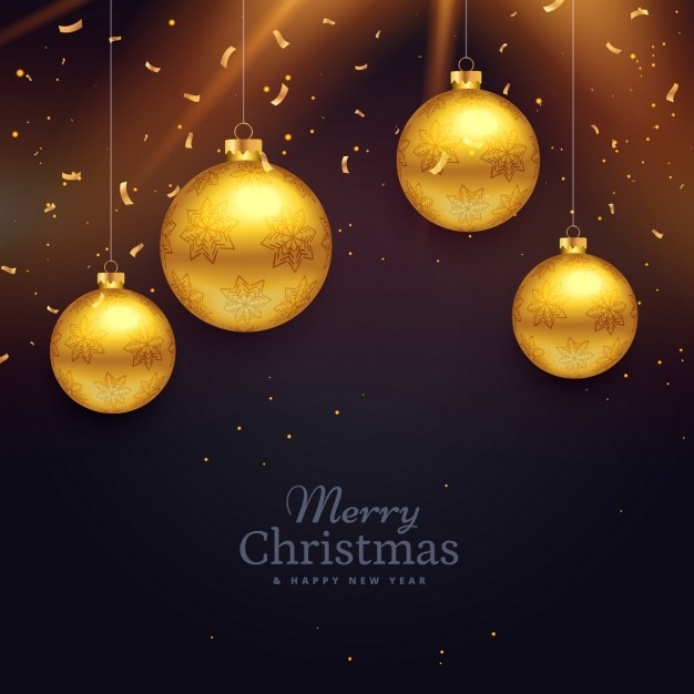 Free vector background with golden christmas balls and confetti