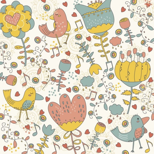 Background with hand drawn birds and flowers