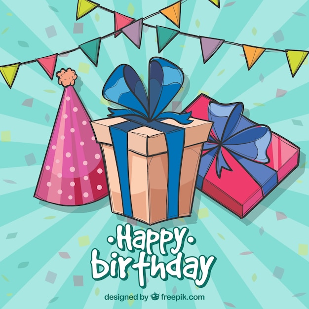 Free vector background with hand drawn birthday gifts