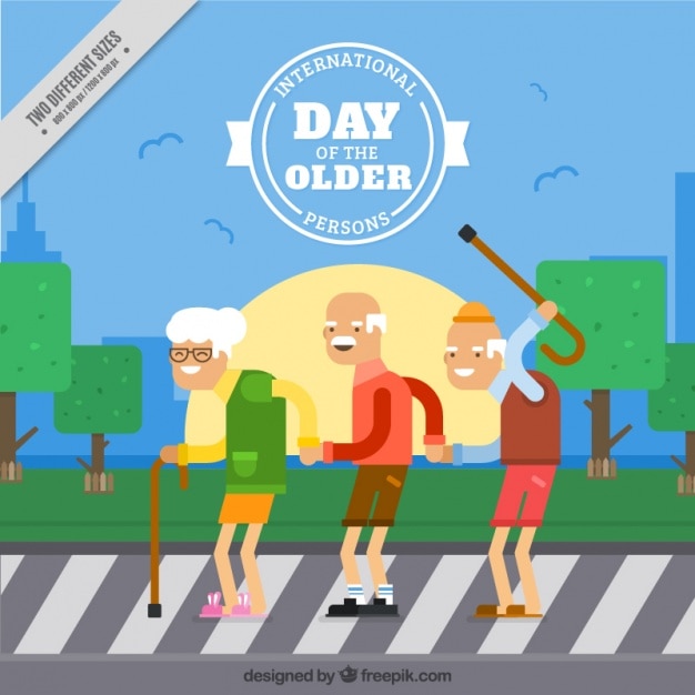 Free vector background with happy grandparents on a pedestrian crossing