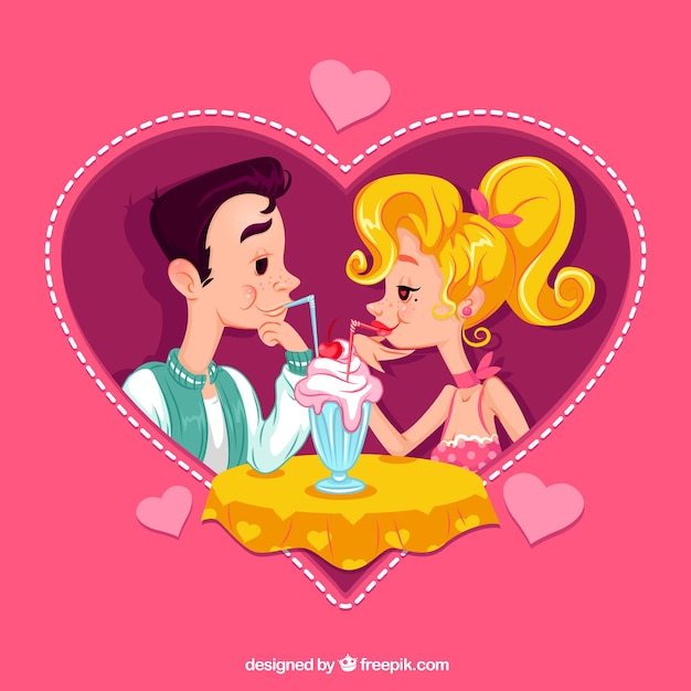 Background with heart and loving couple having an ice cream