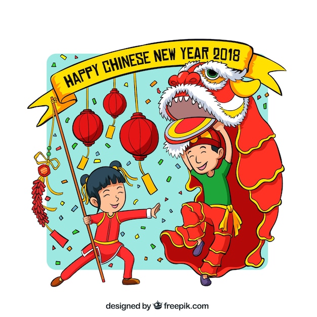 無料ベクター 中国の新年の子供たちとの背景