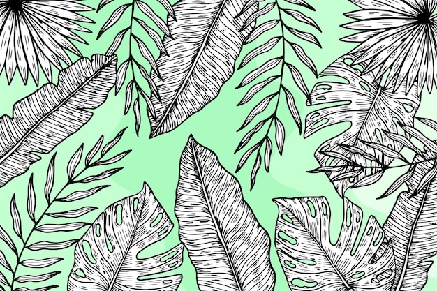 Free vector background with linear tropical leaves and pastel color