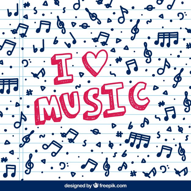 Background with musical notes and text "i love music"