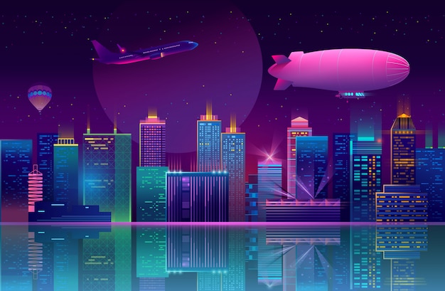 Бесплатное векторное изображение Фон с ночным городом в неоновых огнях