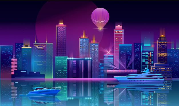 Free vector background with night city in neon lights