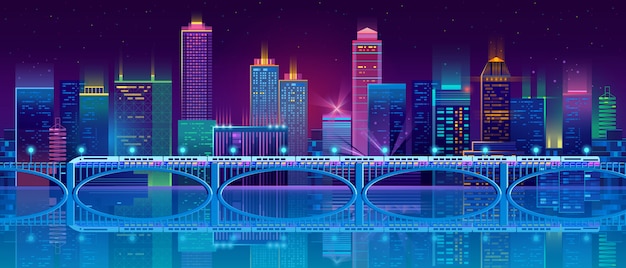 Background with night city in neon lights