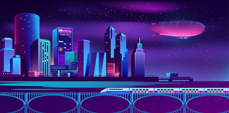 Free Vector background with night city in neon lights
