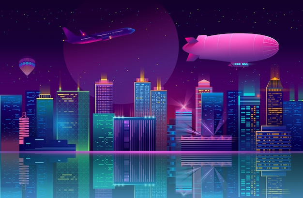 Free vector background with night city in neon lights