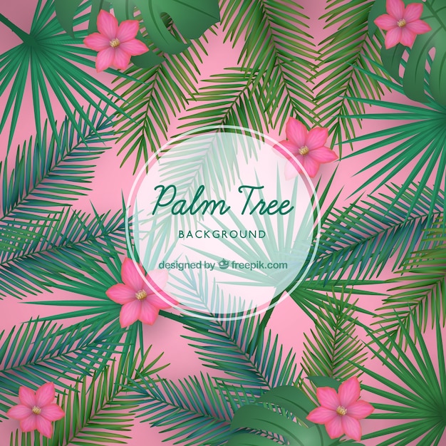 Background with palm leaves and flowers in realistic style