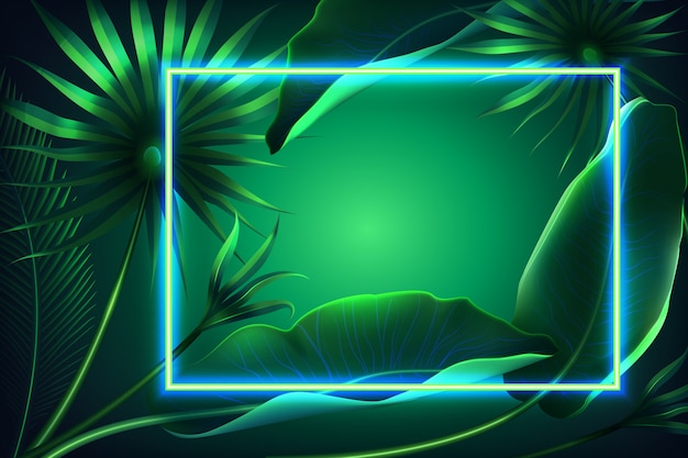 Background with realistic leaves with neon frame concept