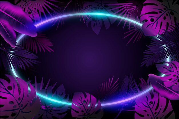 Background with realistic leaves with neon frame theme