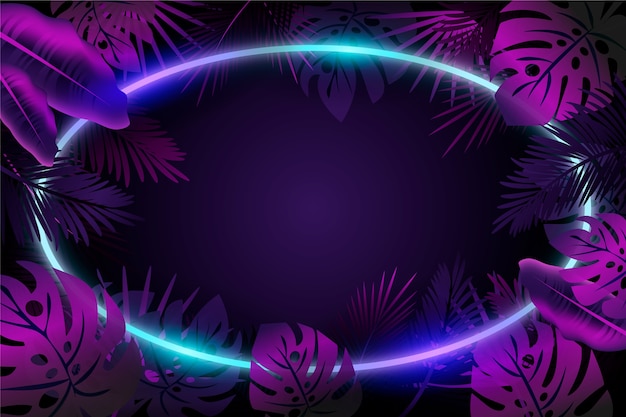 Background with realistic leaves with neon frame theme