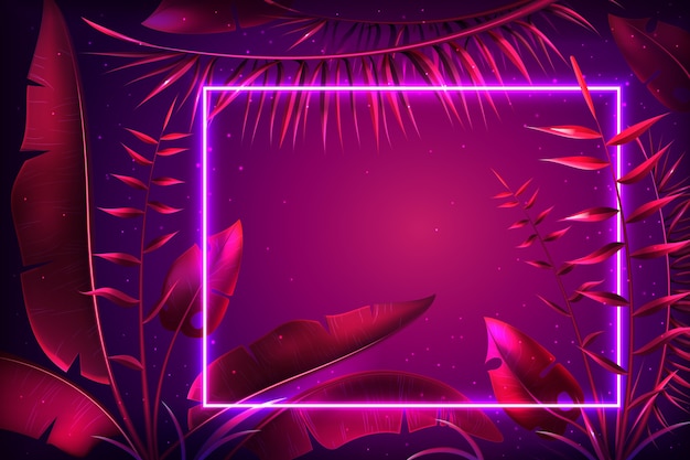 Background with realistic leaves with neon frame