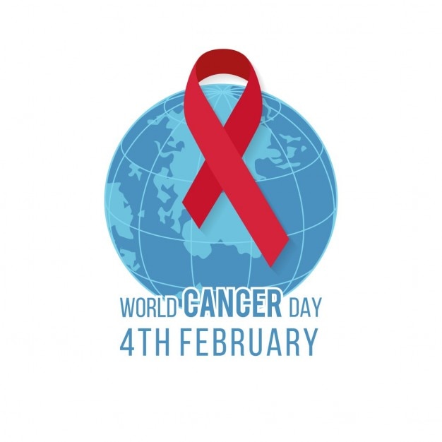 Background with a ribbon on the world, world cancer day