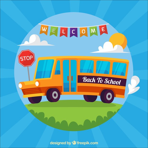 Background with school bus in flat design
