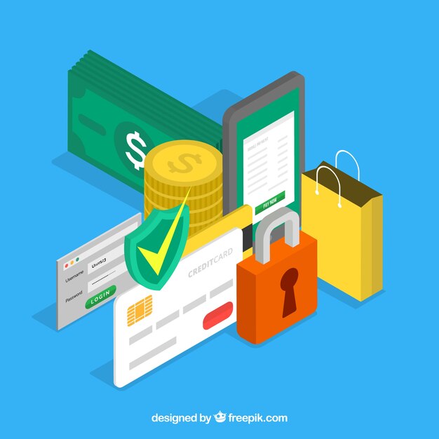 Background with shopping elements and security in isometric style