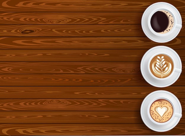 Free vector background with three cups of coffee on wood table top view with place for text editable