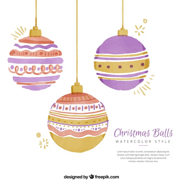 Background with three watercolor christmas balls