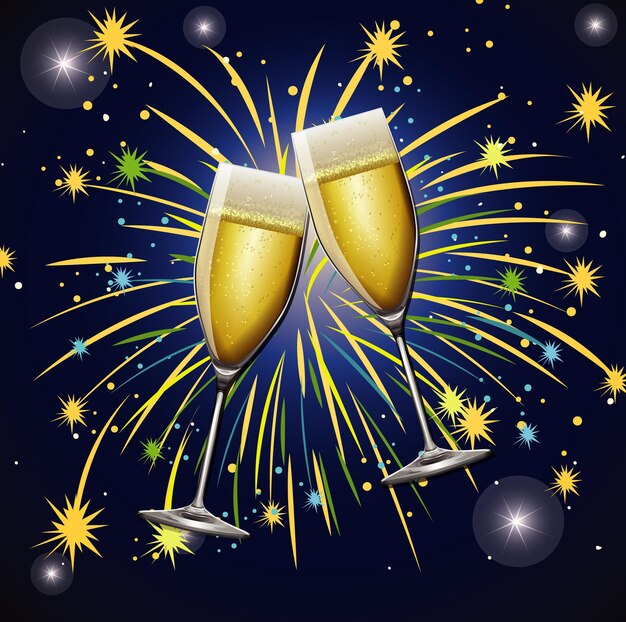 Background with two glasses of champagne and fireworks