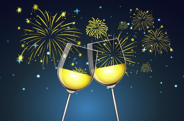 シャンパン2杯と花火の背景
