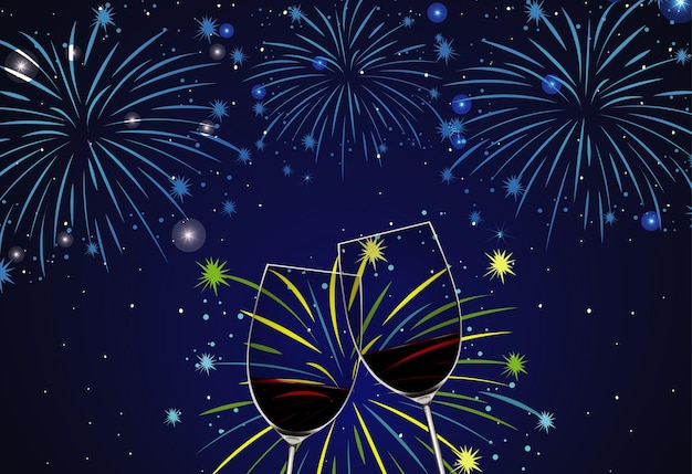 Background with two glasses of champagne and fireworks