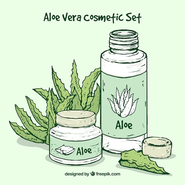 Vettore gratuito sfondo con due prodotti aloe vera disegnati a mano