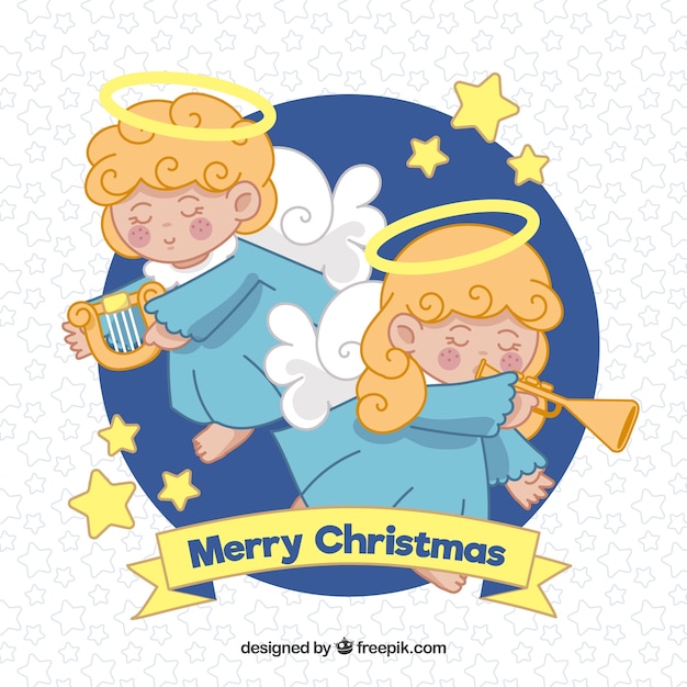 Бесплатное векторное изображение Фон с двумя милыми ангелами рождества