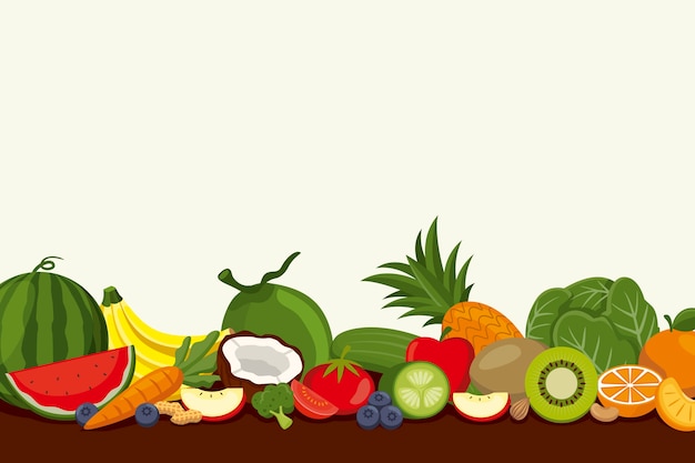 Фон с различными фруктами и овощами