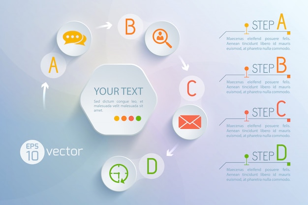 Free vector background with virtual interface flowchart circle composition of round chat and email exchange icons text paragraphs illustration