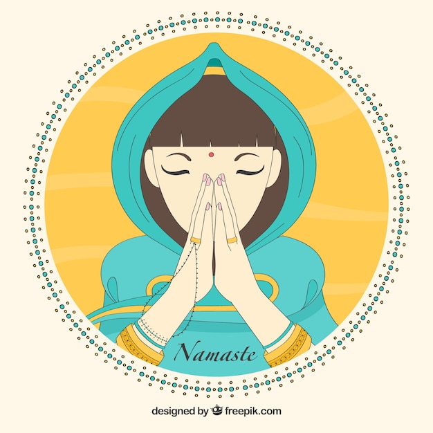 Free vector background of woman with namaste greeting