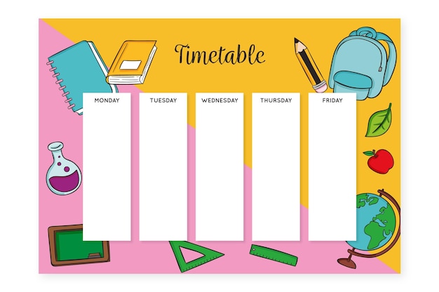 Free vector backpack and accessories hand drawn school timetable