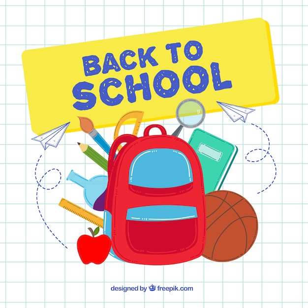 Free vector backpack and school materials with flat design