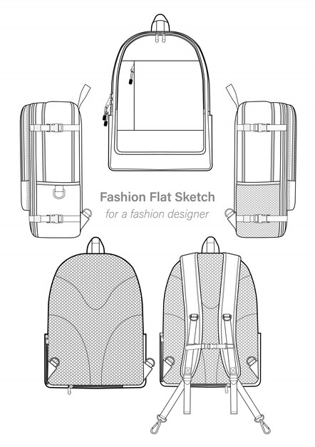 Backpack fashion flat technical drawing vector template | Premium Vector