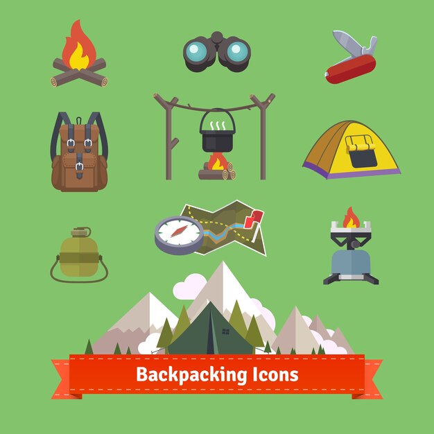 Backpacking and hiking flat icon set