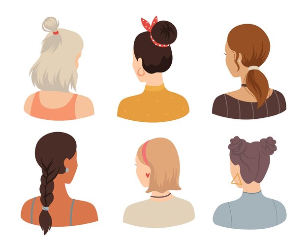 Вид сзади на набор плоских векторных иллюстраций женских причесок. Коллекция модных мультяшных рисунков голов молодых женщин с разными волосами на белом фоне. Концепция салона красоты