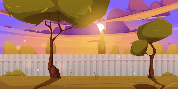 Бесплатное векторное изображение Задний двор с забором, травой и деревьями на закате
