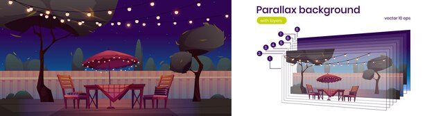 Backyard with fence, table, chairs, umbrella, trees and garland at night. Vector parallax background for 2d animation with cartoon summer landscape of patio or garden with furniture for picnic on lawn