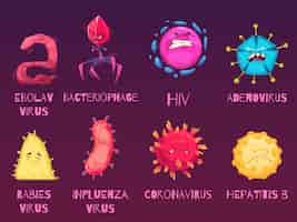 Бесплатное векторное изображение Иконки бактерий и вирусов с символами гриппа и эболы плоские изолированные векторные иллюстрации
