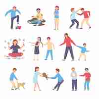 Free vector bad behavior of children flat set with kids characters being rude and offensive isolated vector illustration