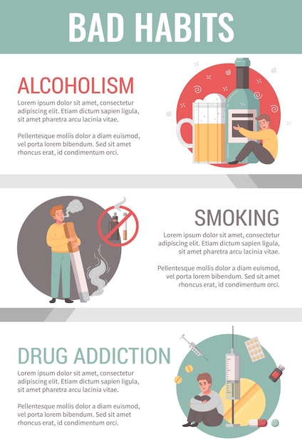 Free vector bad habit infographics set with smoking and drug abuse addiction cartoon symbols vector illustration