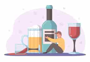 Бесплатное векторное изображение Концепция мультфильма о вредных привычках с алкоголиком, держащим векторную иллюстрацию бутылки