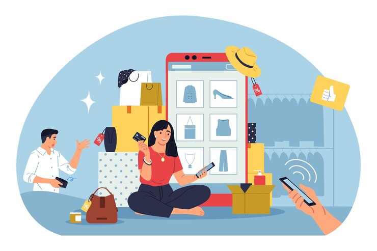 Free Vector bad habits flat background with people having shopping addiction making online purchases vector illustration