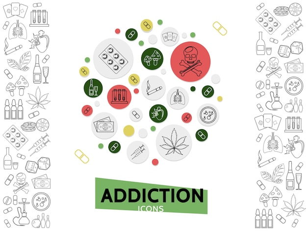 Free vector bad habits template with line icons of dangerous harmful addictions in circles isolated vector illustration