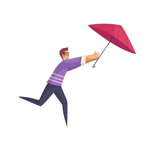 날린 우산 벡터 일러스트 레이 션을 실행하는 남자의 고립 된 캐릭터와 나쁜 날씨 비 구성