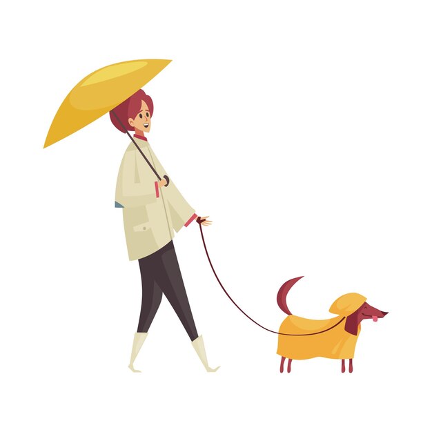 彼女の犬のベクトル図を歩く傘を持っている女性の孤立したキャラクターと悪天候の雨の構成